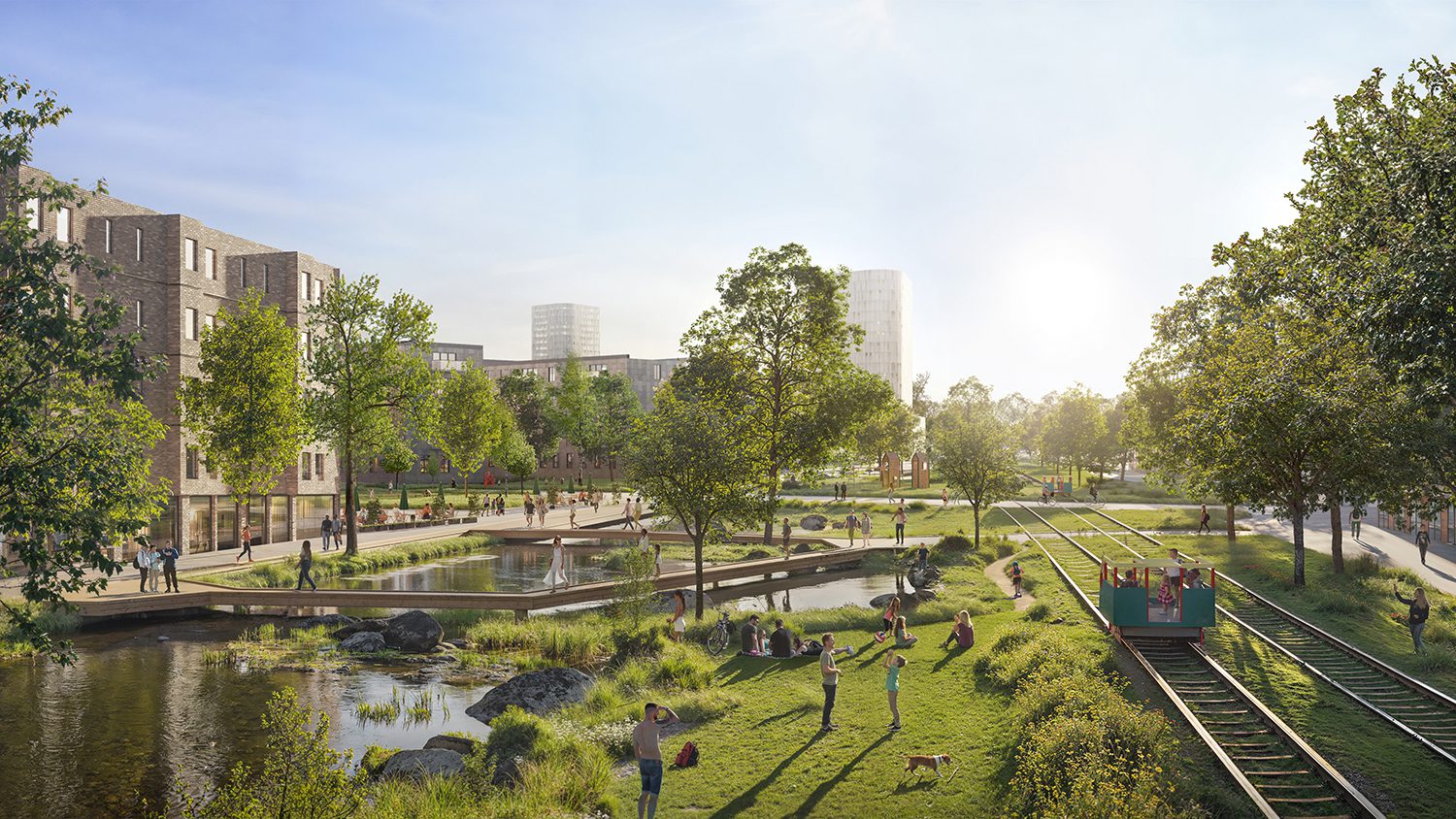 Visualisering av Bangårdsområdet i Skövde med parkmiljö, grönska och gångstråk.