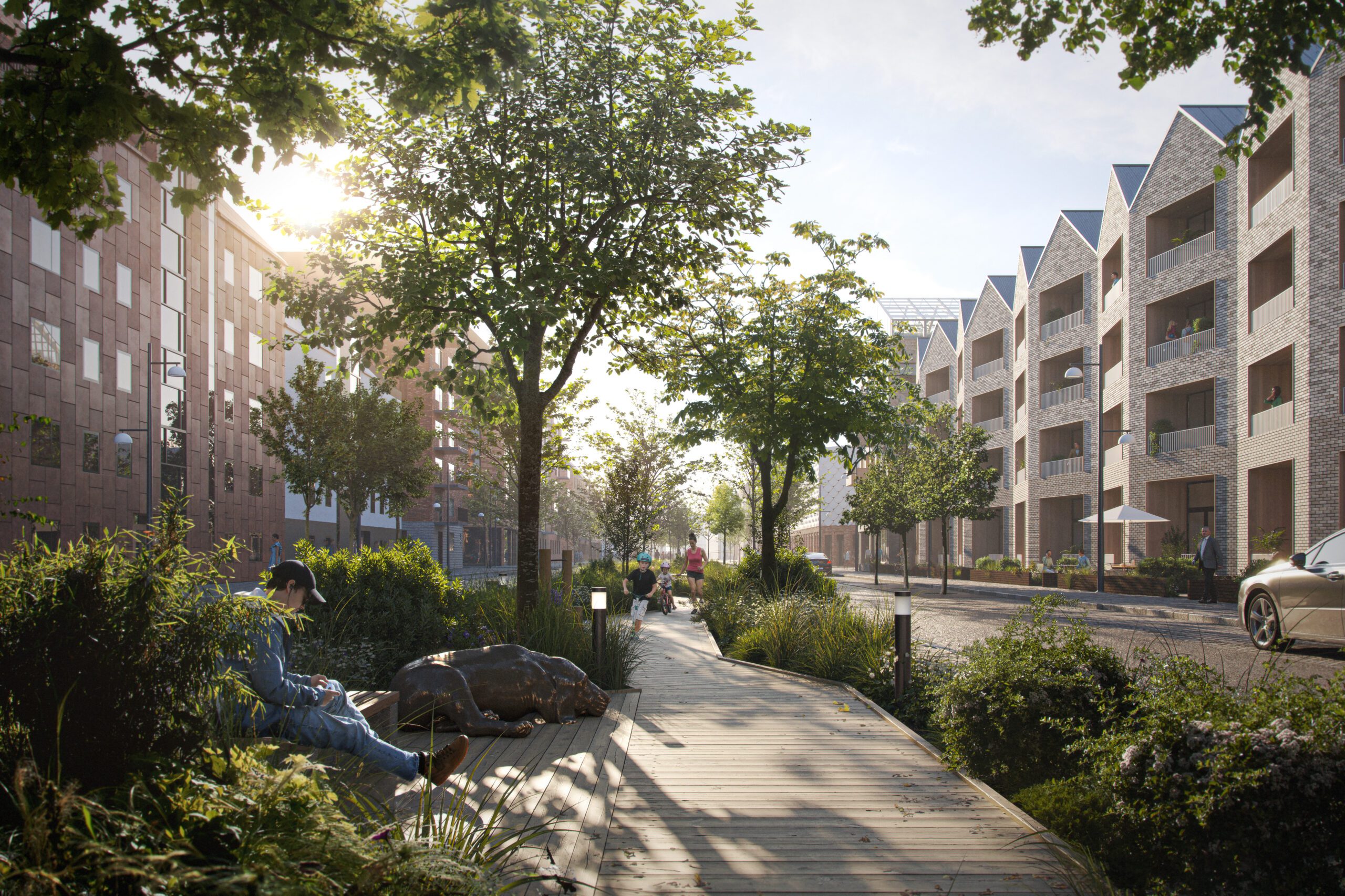 Visualisering av Skövde Science City med moderna bostäder, grönska och stadsmiljö.