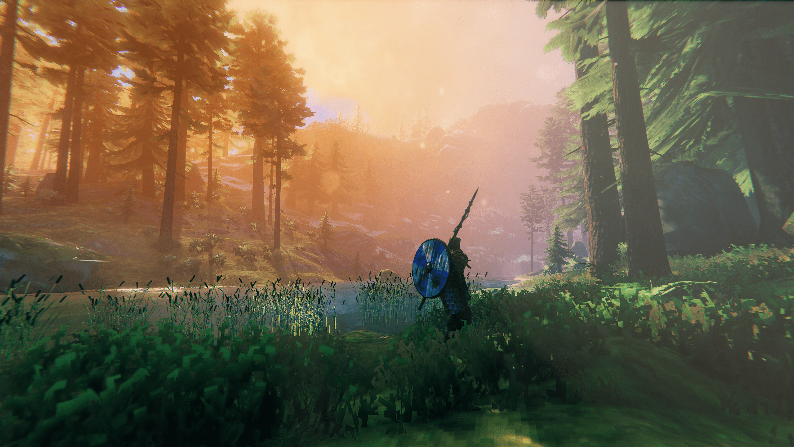 A game environment with trees and a warrior