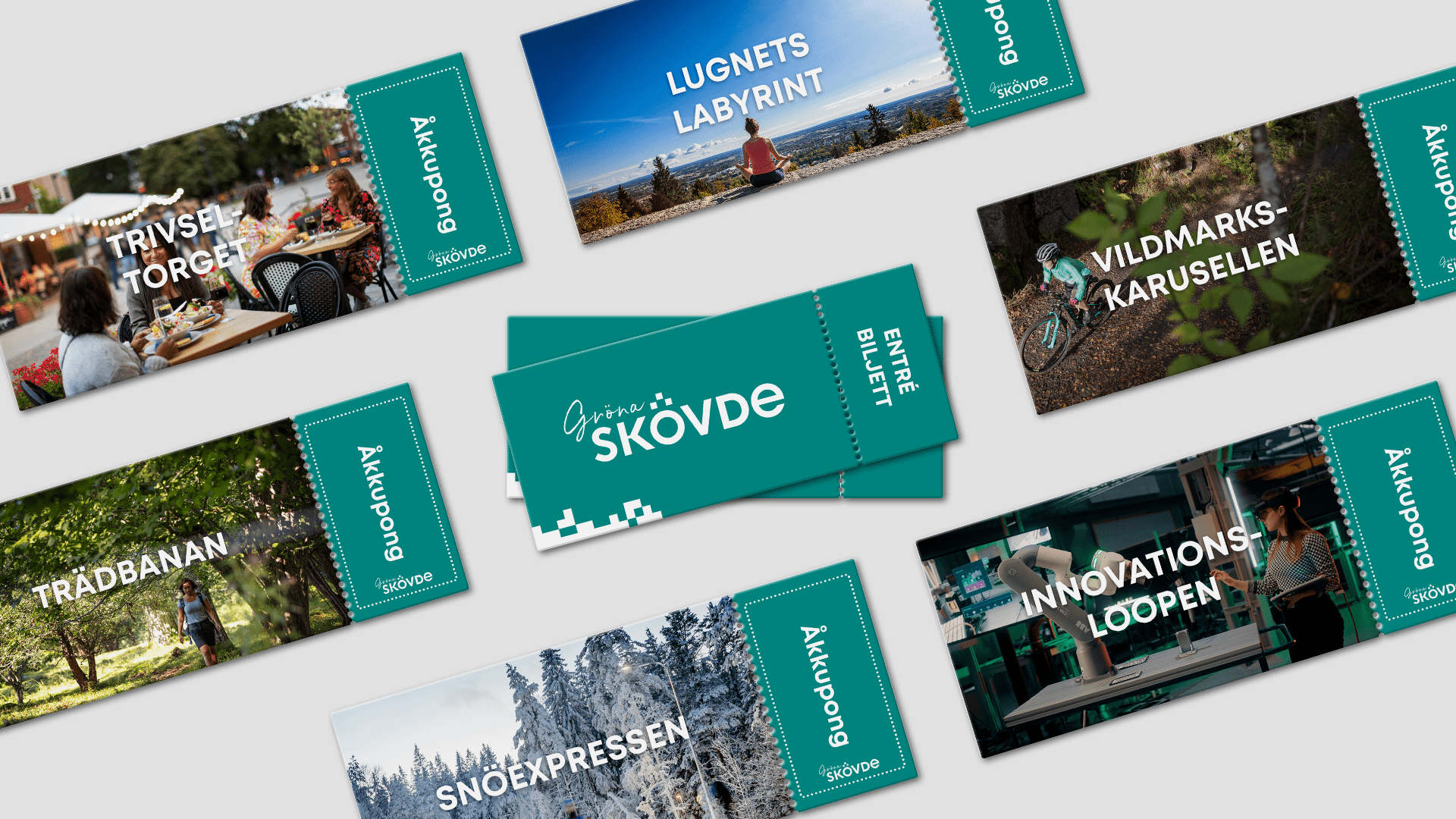 A green entrance ticket with the words Gröna Skövde and a green pass for various experiences in Skövde