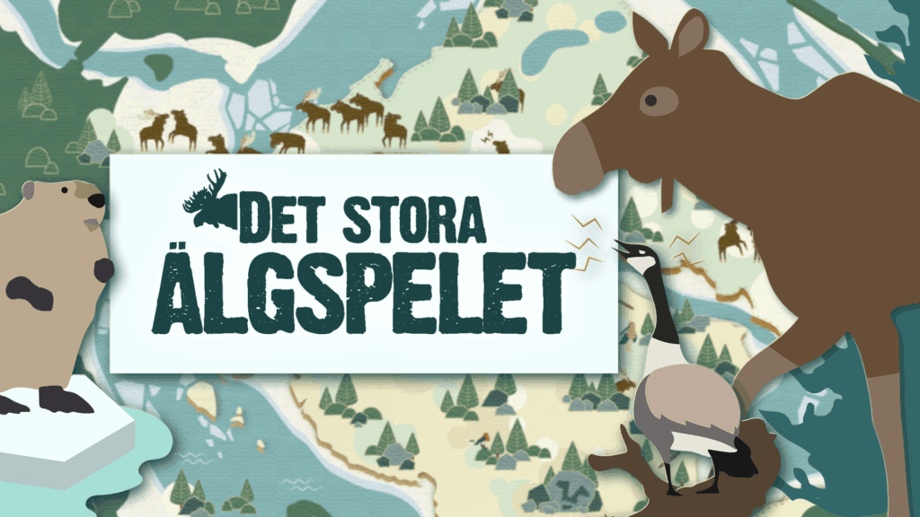 A cartoon brown moose over a landscape