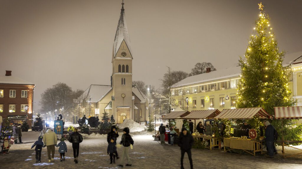 A square with a Christmas market in Skövde