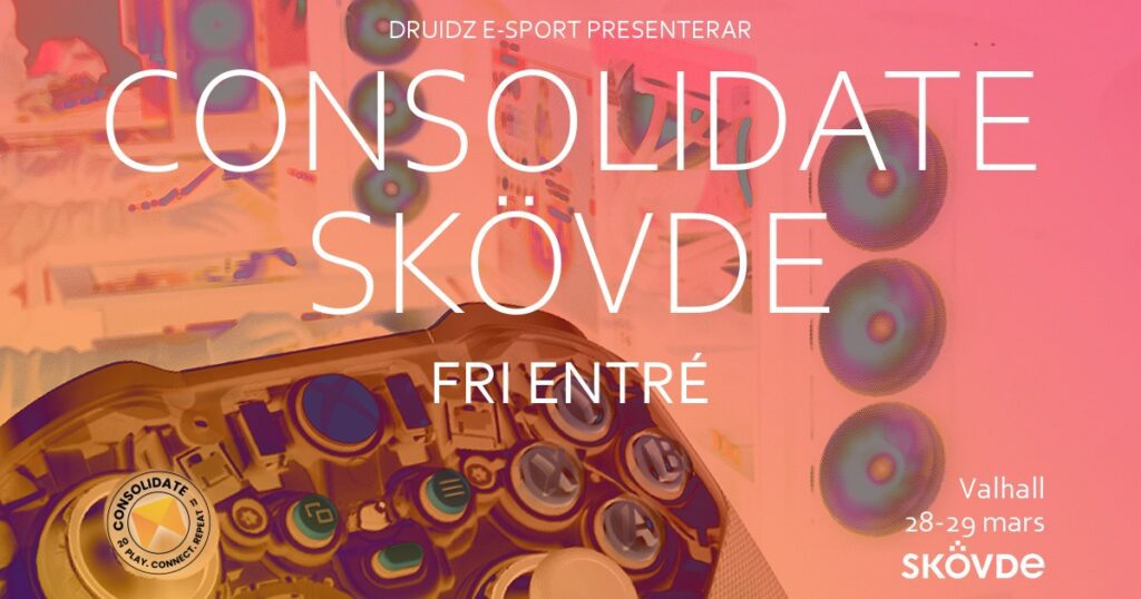 En affisch i aprikosa toner som berättar om Consolidate gaming event i Skövde