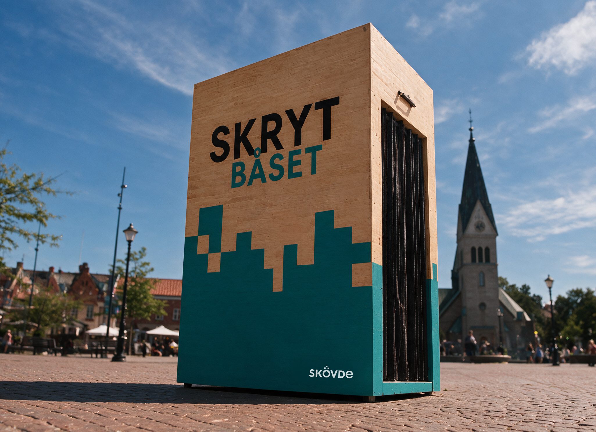En trälåda som står ute på ett torg med texten Skrytbådet. Från en kampanj i kampanj september 2026.